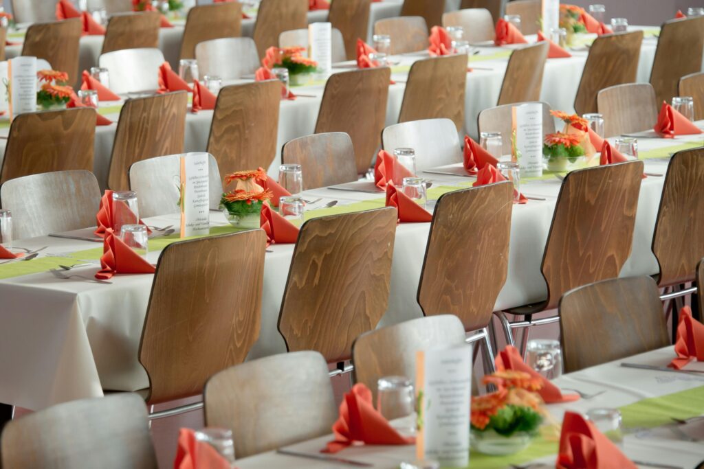 table setting at an oceanside corporate event