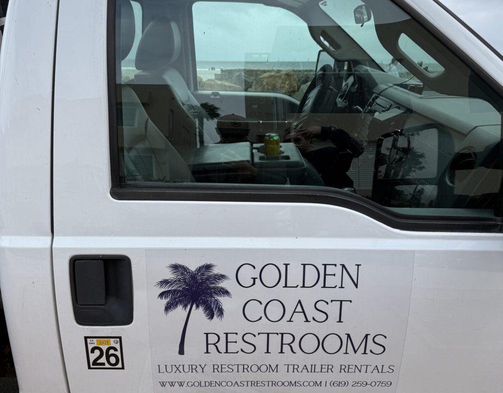 Luxury portable restroom trailer setup for Hillcrest, CA event