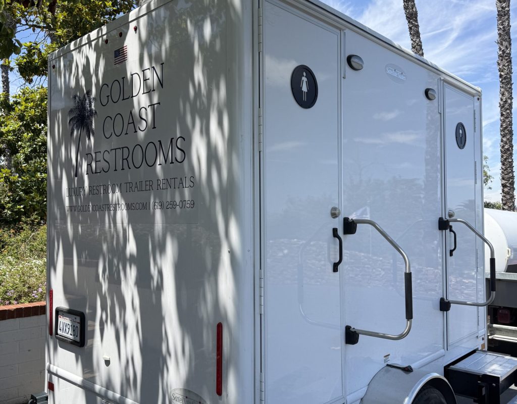Luxury portable restroom trailer setup for Hillcrest, CA event