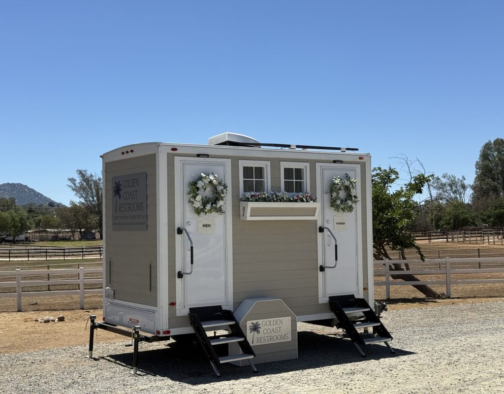 Luxury restroom trailer setup in Rancho Mission Viejo, CA event