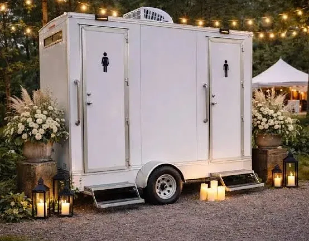 Luxury portable restroom placed on level ground near a coastal event site in Dana Point, CA. luxury porta potty near me